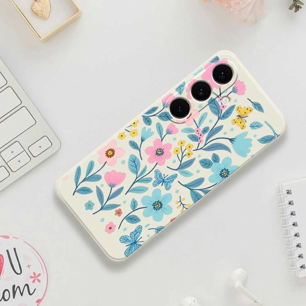 For Samsung Galaxy S25 FE Case Blue Pink Flowers Pattern Printing Straight Edge TPU Phone Back Cover - Beige - 7