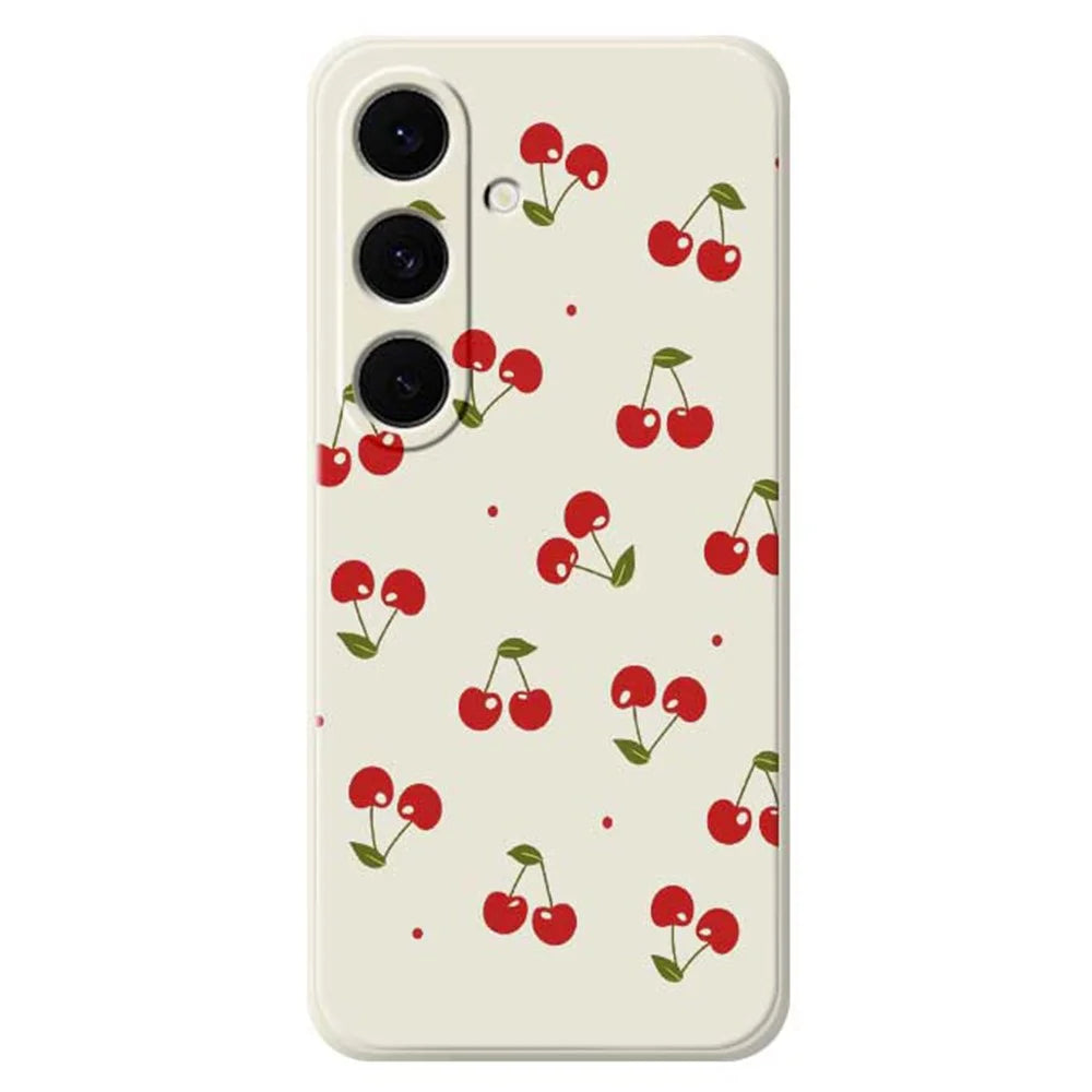 For Samsung Galaxy S25 FE Case Cherry Pattern Printing Straight Edge TPU Phone Back Cover - Beige - 1