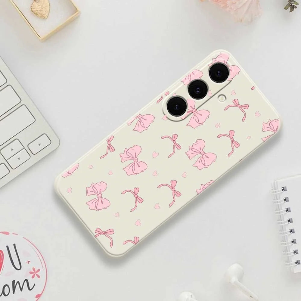 For Samsung Galaxy S25 FE Case Pink Bow Love Pattern Printing Straight Edge TPU Phone Back Cover - Beige - 7
