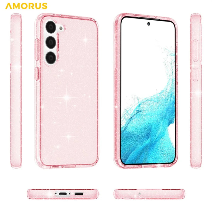 AMORUS For Samsung Galaxy S23 Case Soft TPU Hard PC Back Shockproof Phone Cover - Glitter Pink - 3