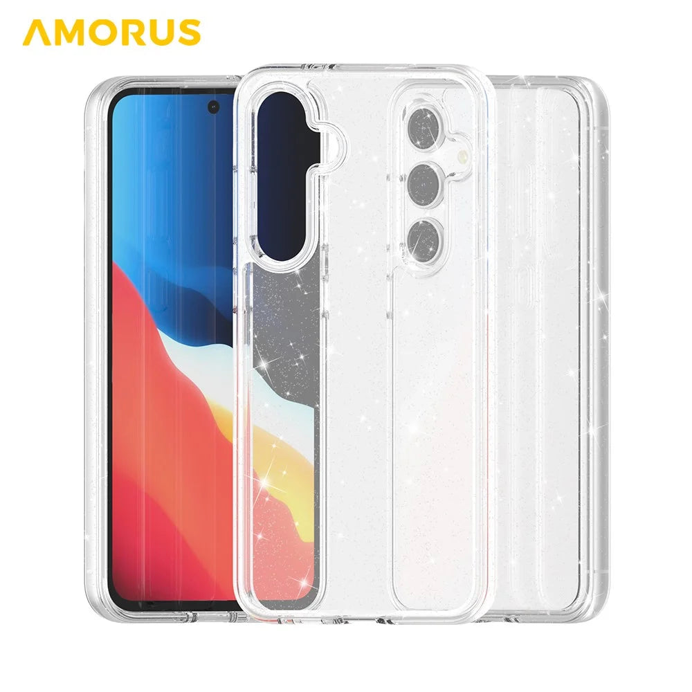AMORUS For Samsung Galaxy S24 FE Case Soft TPU Hard PC Back Shockproof Phone Cover - Glitter White - 3