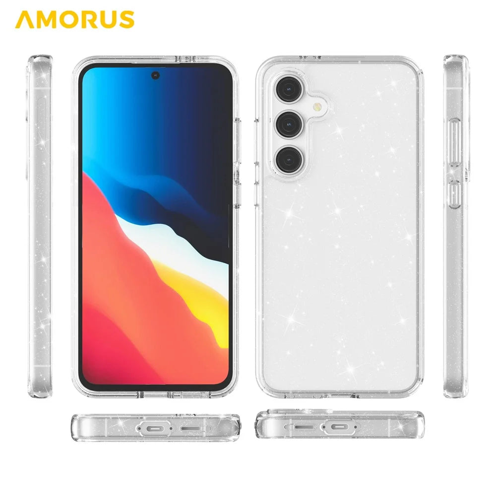 AMORUS For Samsung Galaxy S24 FE Case Soft TPU Hard PC Back Shockproof Phone Cover - Glitter White - 5