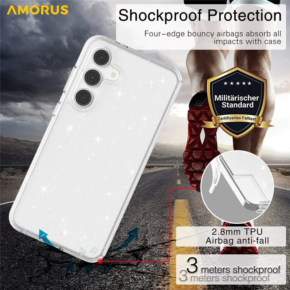 AMORUS For Samsung Galaxy S24 FE Case Soft TPU Hard PC Back Shockproof Phone Cover - Glitter White - 7