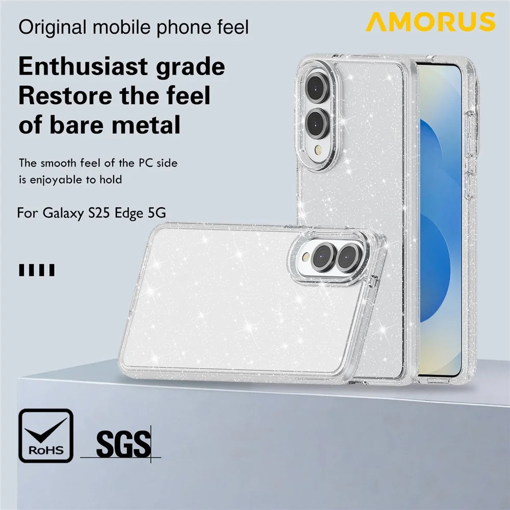 AMORUS For Samsung Galaxy S25 Edge Case Soft TPU Hard PC Back Shockproof Phone Cover - Glitter White - 5