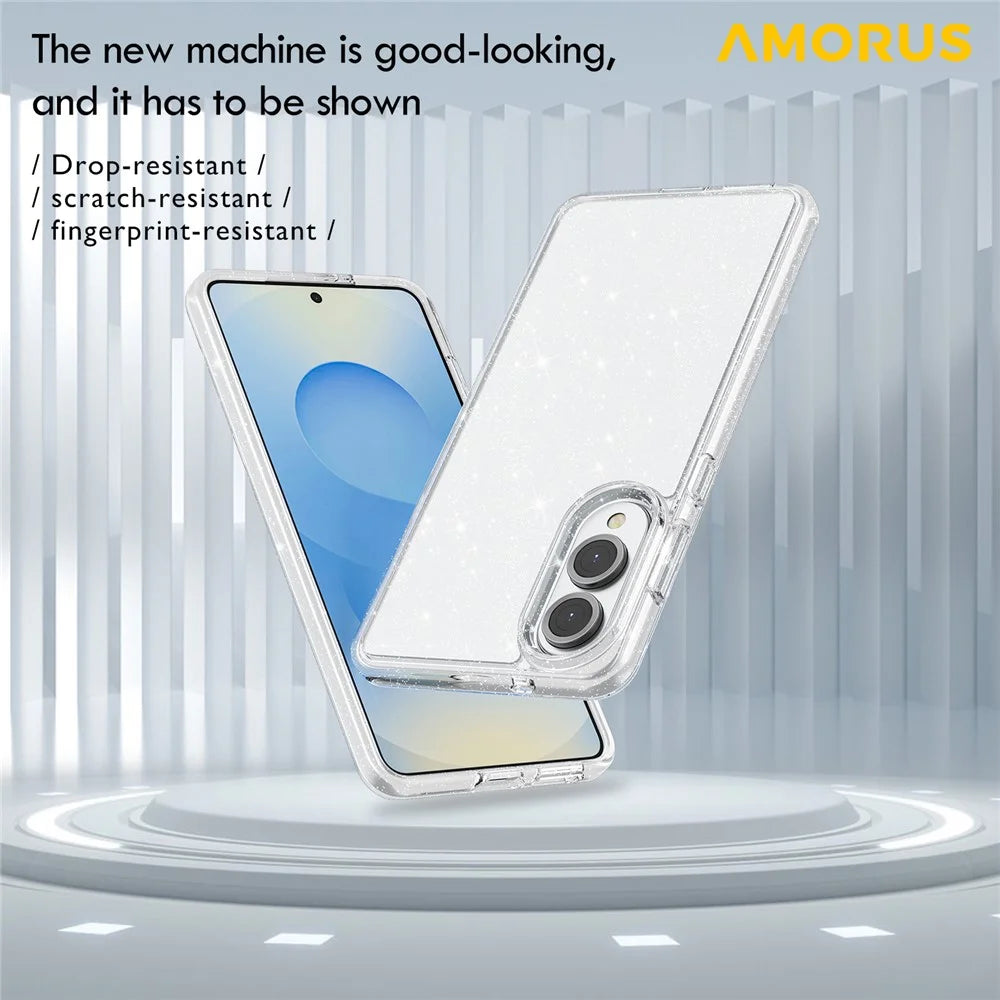 AMORUS For Samsung Galaxy S25 Edge Case Soft TPU Hard PC Back Shockproof Phone Cover - Glitter White - 7