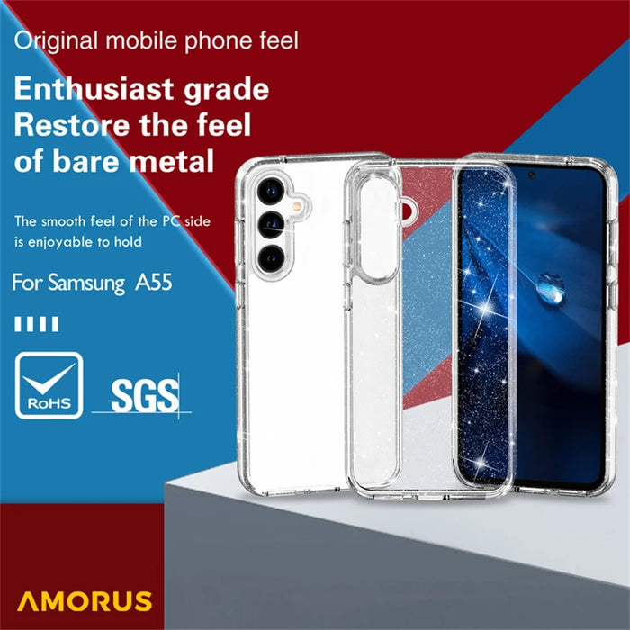 AMORUS For Samsung Galaxy A35 5G Case Soft TPU Hard PC Back Shockproof Phone Cover - Glitter White - 5