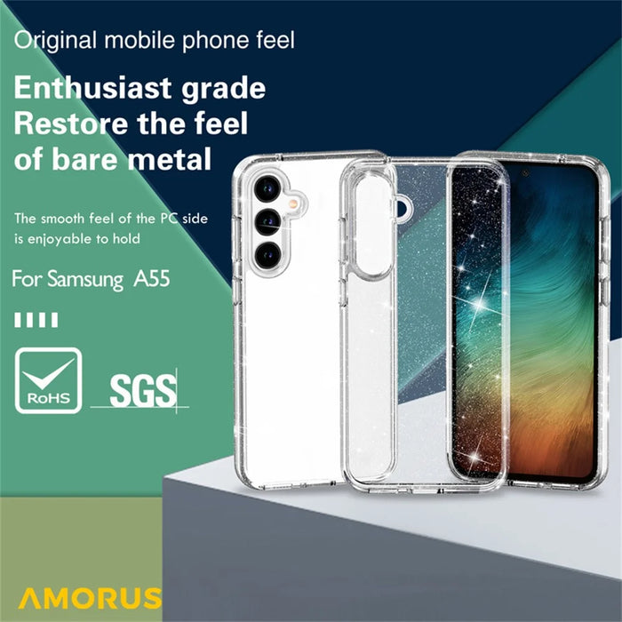 AMORUS For Samsung Galaxy A55 5G Case Soft TPU Hard PC Back Shockproof Phone Cover - Glitter White - 5