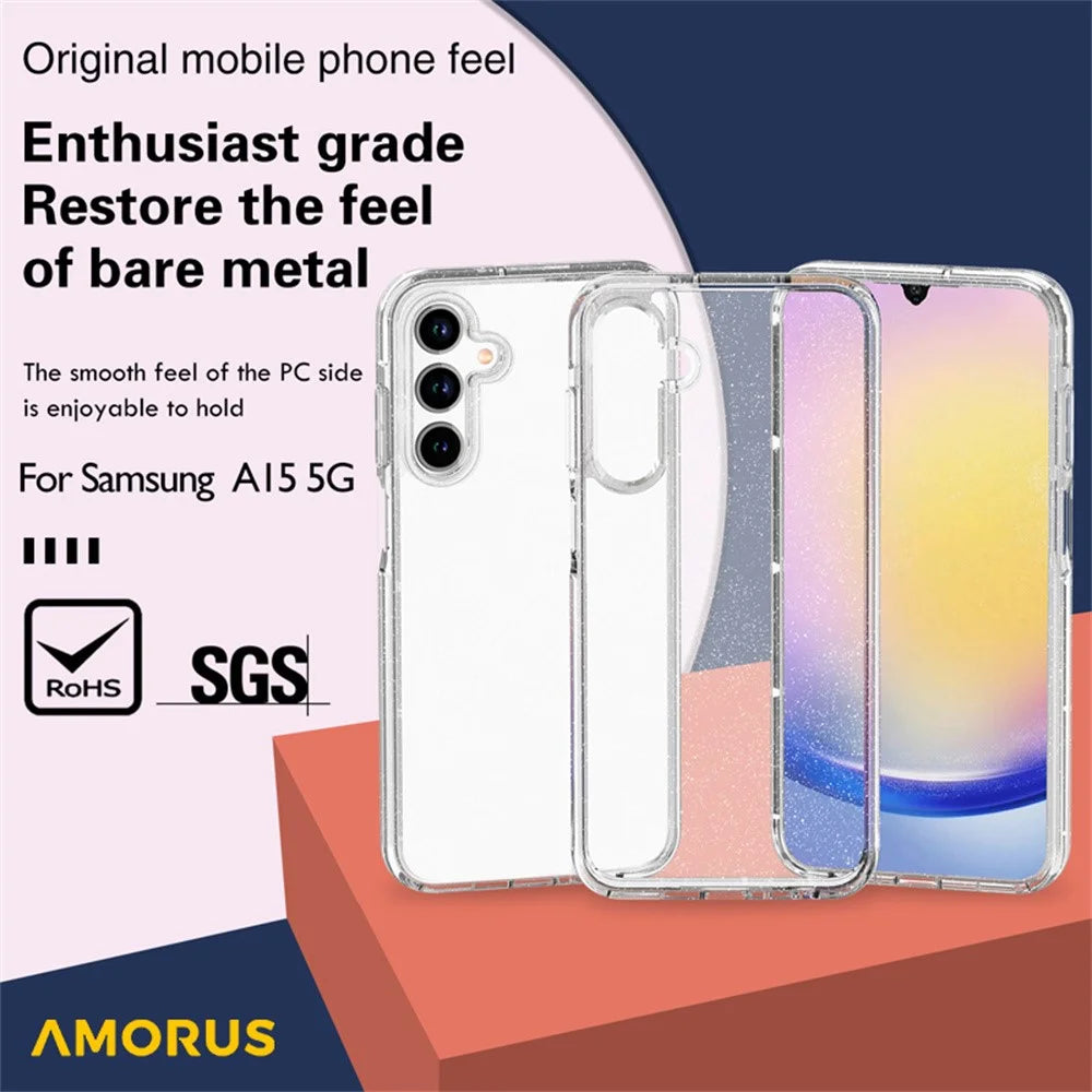 AMORUS For Samsung Galaxy A15 4G / 5G Case Soft TPU Hard PC Back Shockproof Phone Cover - Glitter White - 5