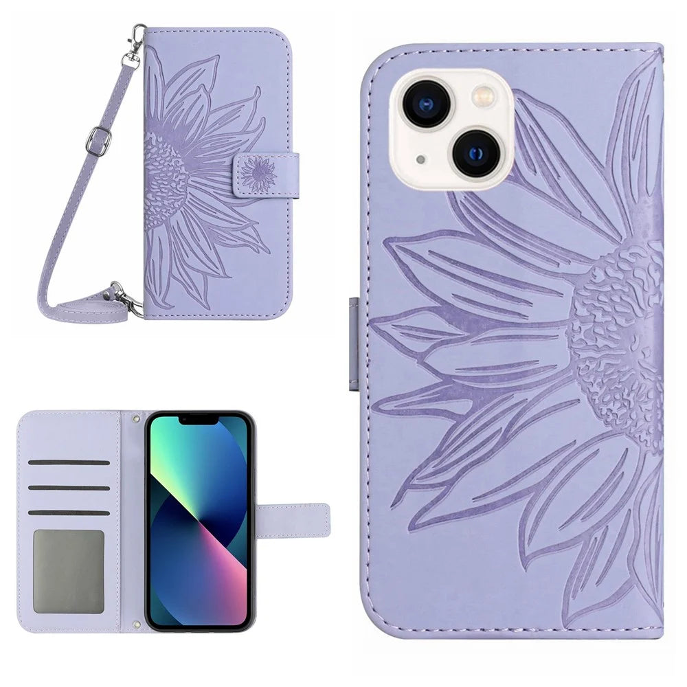 For iPhone 13 6.1 inch HT04 Imprinted Sunflower Skin-touch PU Leather + TPU Case Stand Wallet Phone Cover with Shoulder Strap - Light Purple - 1
