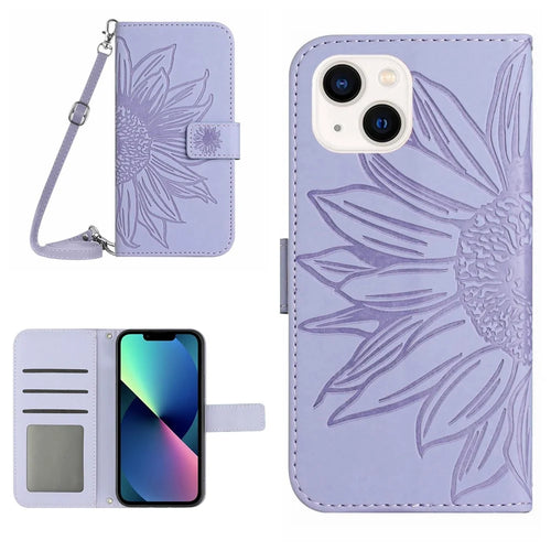 For iPhone 13 6.1 inch HT04 Imprinted Sunflower Skin-touch PU Leather + TPU Case Stand Wallet Phone Cover with Shoulder Strap - Light Purple - 1