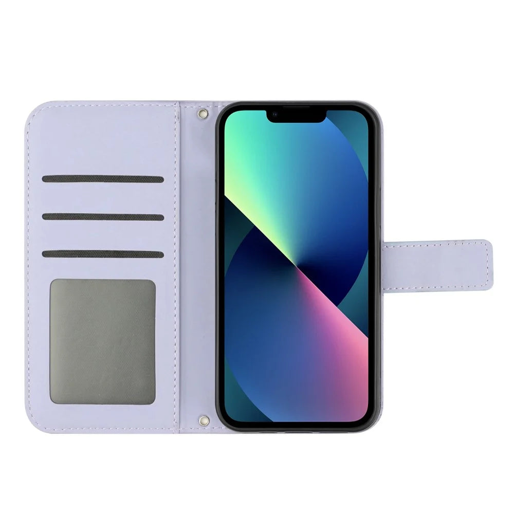 For iPhone 13 6.1 inch HT04 Imprinted Sunflower Skin-touch PU Leather + TPU Case Stand Wallet Phone Cover with Shoulder Strap - Light Purple - 2