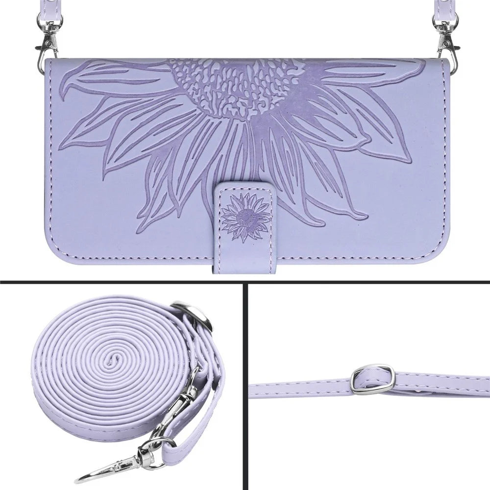 For iPhone 13 6.1 inch HT04 Imprinted Sunflower Skin-touch PU Leather + TPU Case Stand Wallet Phone Cover with Shoulder Strap - Light Purple - 4