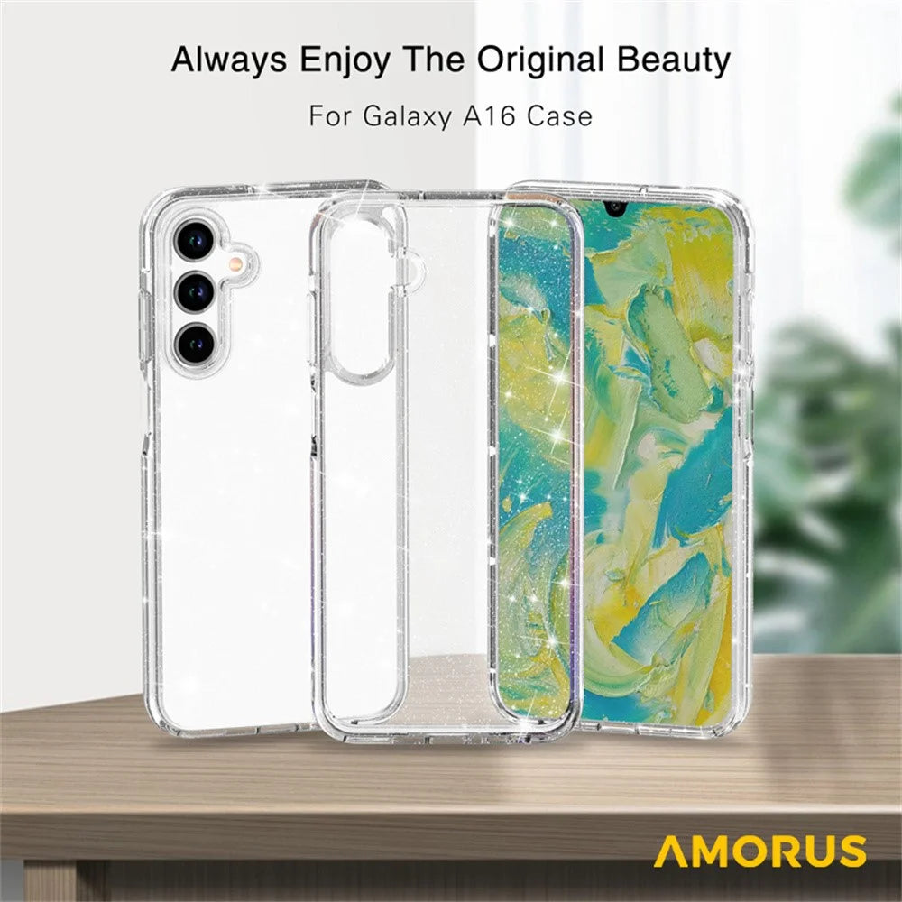 AMORUS For Samsung Galaxy A16 5G Case Soft TPU Hard PC Back Shockproof Phone Cover - Glitter White - 5
