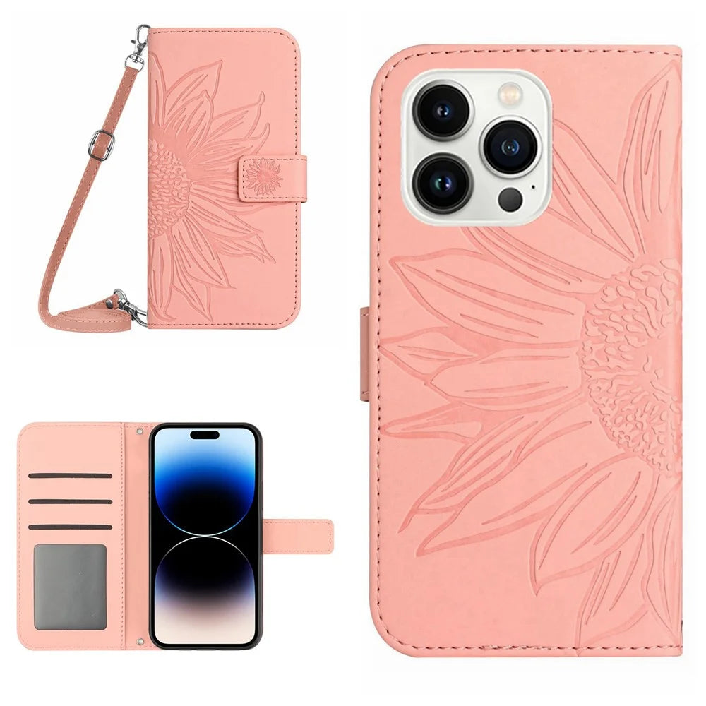 For iPhone 14 Pro Max HT04 Shockproof Phone Case Imprinted Sunflower Skin-touch PU Leather Stand Wallet Cover Protector with Shoulder Strap - Light Pink - 1