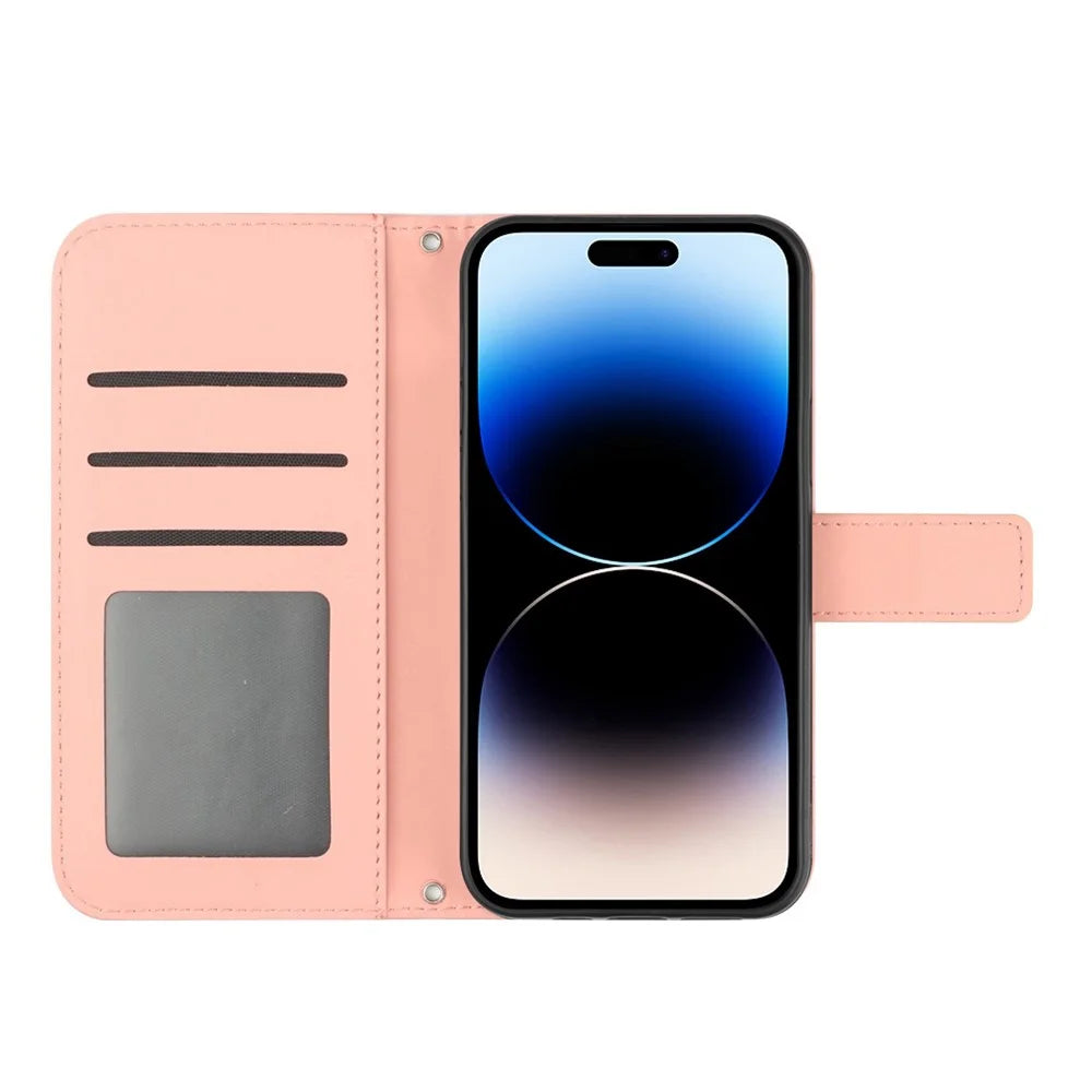 For iPhone 14 Pro Max HT04 Shockproof Phone Case Imprinted Sunflower Skin-touch PU Leather Stand Wallet Cover Protector with Shoulder Strap - Light Pink - 2