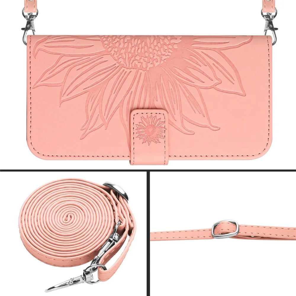 For iPhone 14 Pro Max HT04 Shockproof Phone Case Imprinted Sunflower Skin-touch PU Leather Stand Wallet Cover Protector with Shoulder Strap - Light Pink - 4