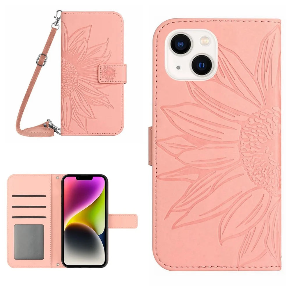 For iPhone 14 Plus HT04 Skin-touch PU Leather Stand Case Imprinted Sunflower Full Protection Phone Wallet Cover with Shoulder Strap - Light Pink - 1