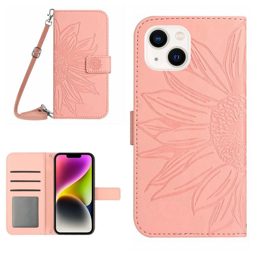For iPhone 14 Plus HT04 Skin-touch PU Leather Stand Case Imprinted Sunflower Full Protection Phone Wallet Cover with Shoulder Strap - Light Pink - 1