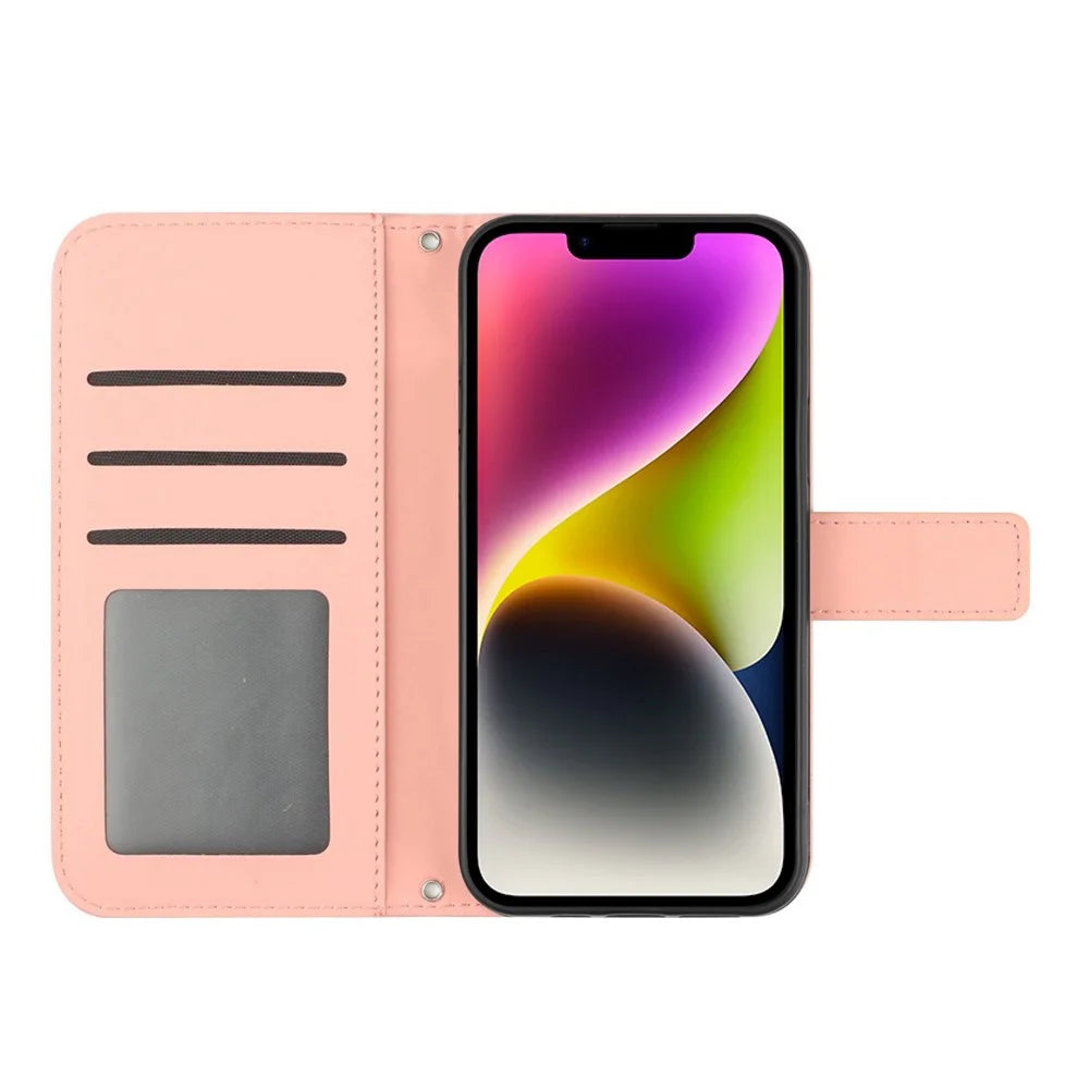 For iPhone 14 Plus HT04 Skin-touch PU Leather Stand Case Imprinted Sunflower Full Protection Phone Wallet Cover with Shoulder Strap - Light Pink - 2