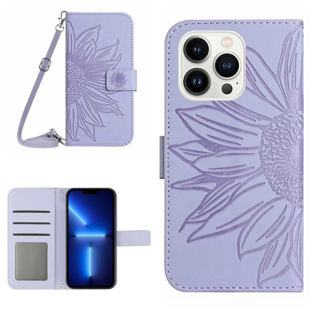 For iPhone 13 Pro 6.1 inch HT04 Imprinted Sunflower PU Leather Wallet Stand Cover Magnetic Clasp Skin-touch Phone Case with Shoulder Strap - Light Purple - 1
