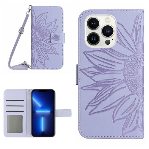 For iPhone 13 Pro 6.1 inch HT04 Imprinted Sunflower PU Leather Wallet Stand Cover Magnetic Clasp Skin-touch Phone Case with Shoulder Strap - Light Purple - 1