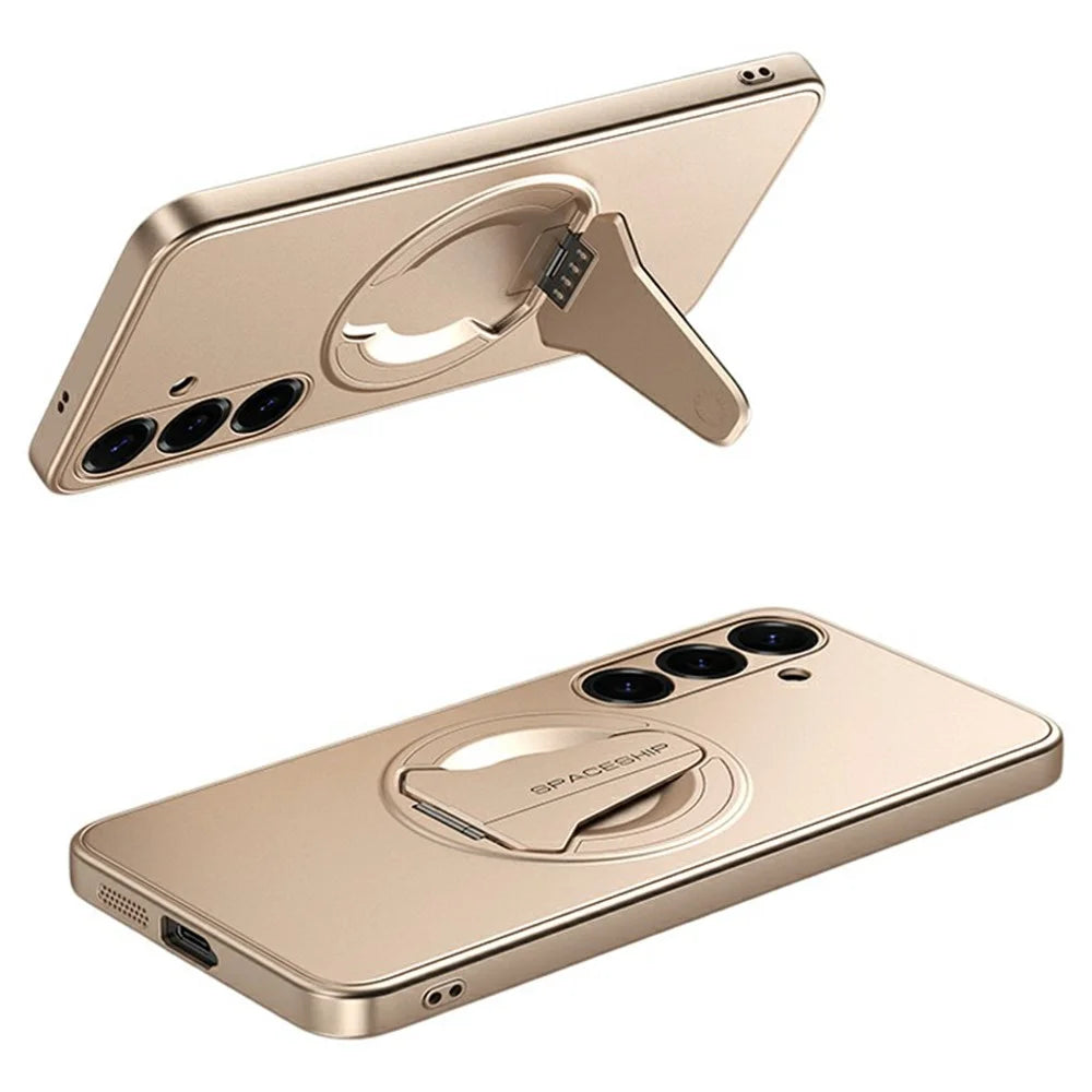 For Samsung Galaxy S25 Magnetic Case Hidden Kickstand Skin-Feel Matte PC TPU Phone Back Cover - Desert Gold - 1