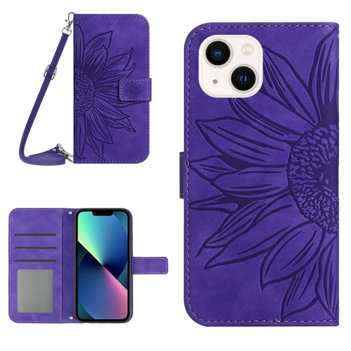 For iPhone 13 mini 5.4 inch HT04 Skin-touch PU Leather Imprinted Sunflower Stand Case Anti-scratch Phone Wallet Cover with Shoulder Strap - Dark Purple - 1