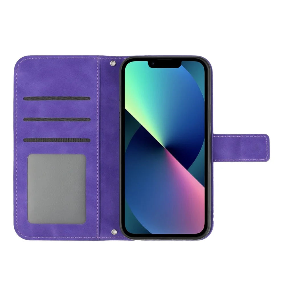 For iPhone 13 mini 5.4 inch HT04 Skin-touch PU Leather Imprinted Sunflower Stand Case Anti-scratch Phone Wallet Cover with Shoulder Strap - Dark Purple - 2