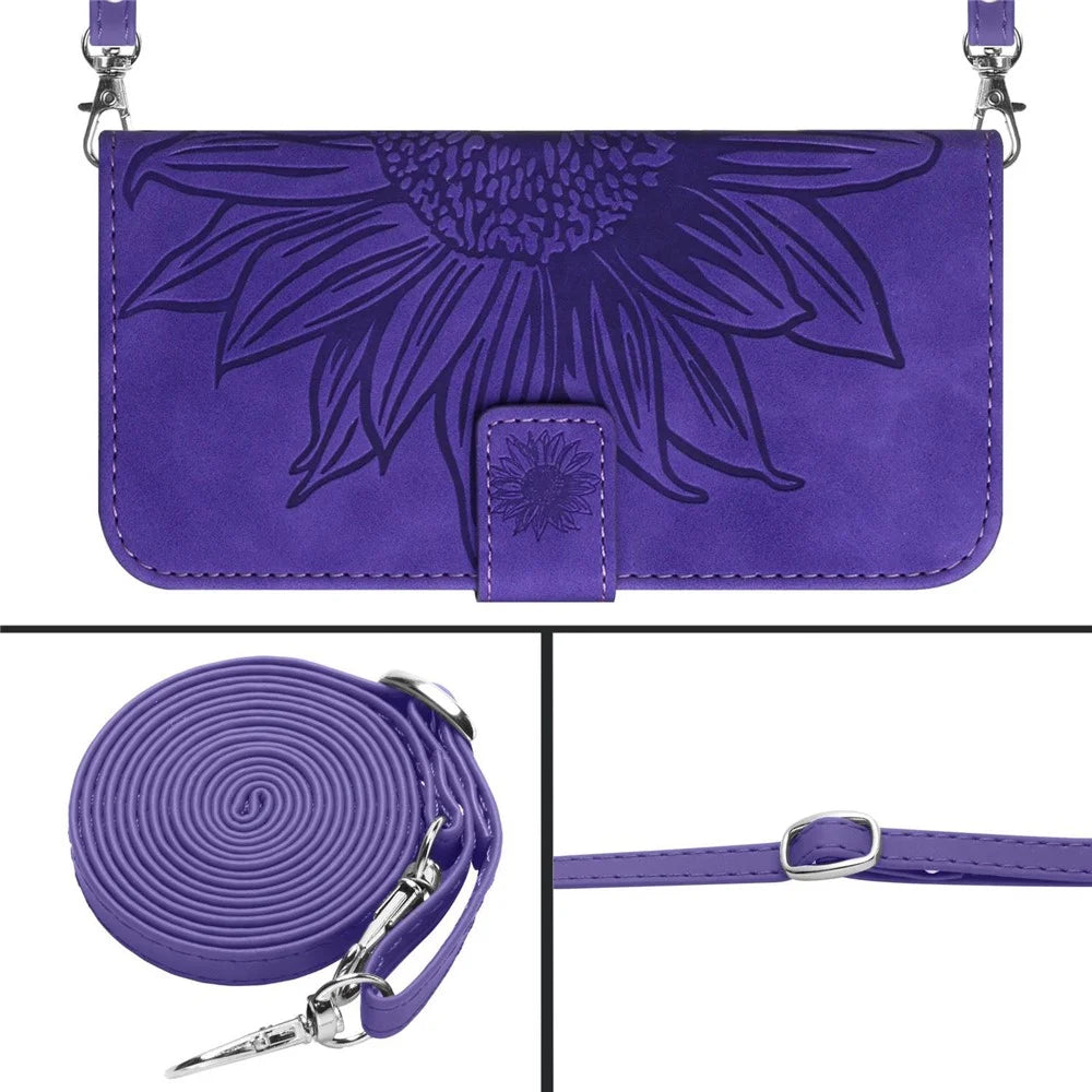 For iPhone 13 mini 5.4 inch HT04 Skin-touch PU Leather Imprinted Sunflower Stand Case Anti-scratch Phone Wallet Cover with Shoulder Strap - Dark Purple - 4