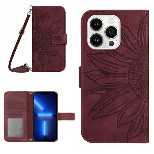 For iPhone 13 Pro Max 6.7 inch HT04 PU Leather Wallet Case Skin-touch Imprinted Sunflower Folio Flip Stand Phone Cover with Shoulder Strap - Wine Red - 1