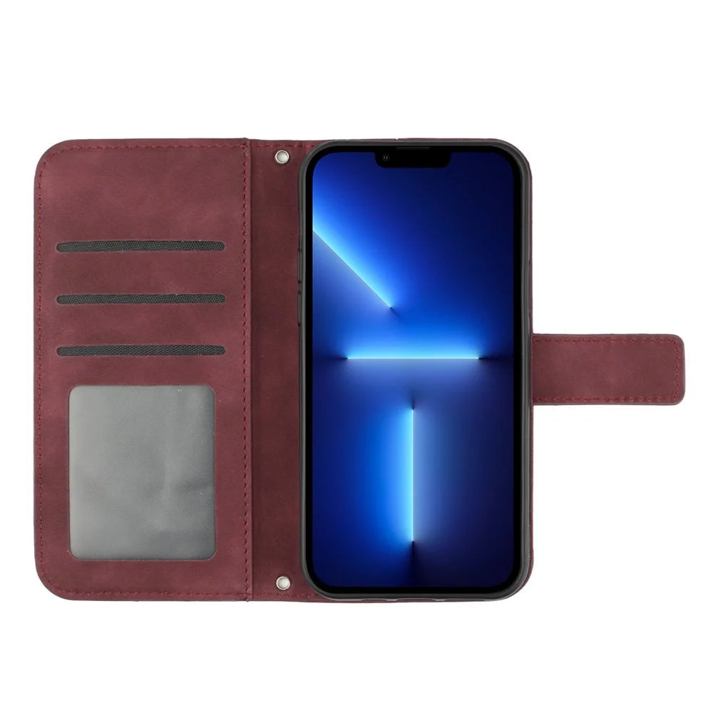 For iPhone 13 Pro Max 6.7 inch HT04 PU Leather Wallet Case Skin-touch Imprinted Sunflower Folio Flip Stand Phone Cover with Shoulder Strap - Wine Red - 2
