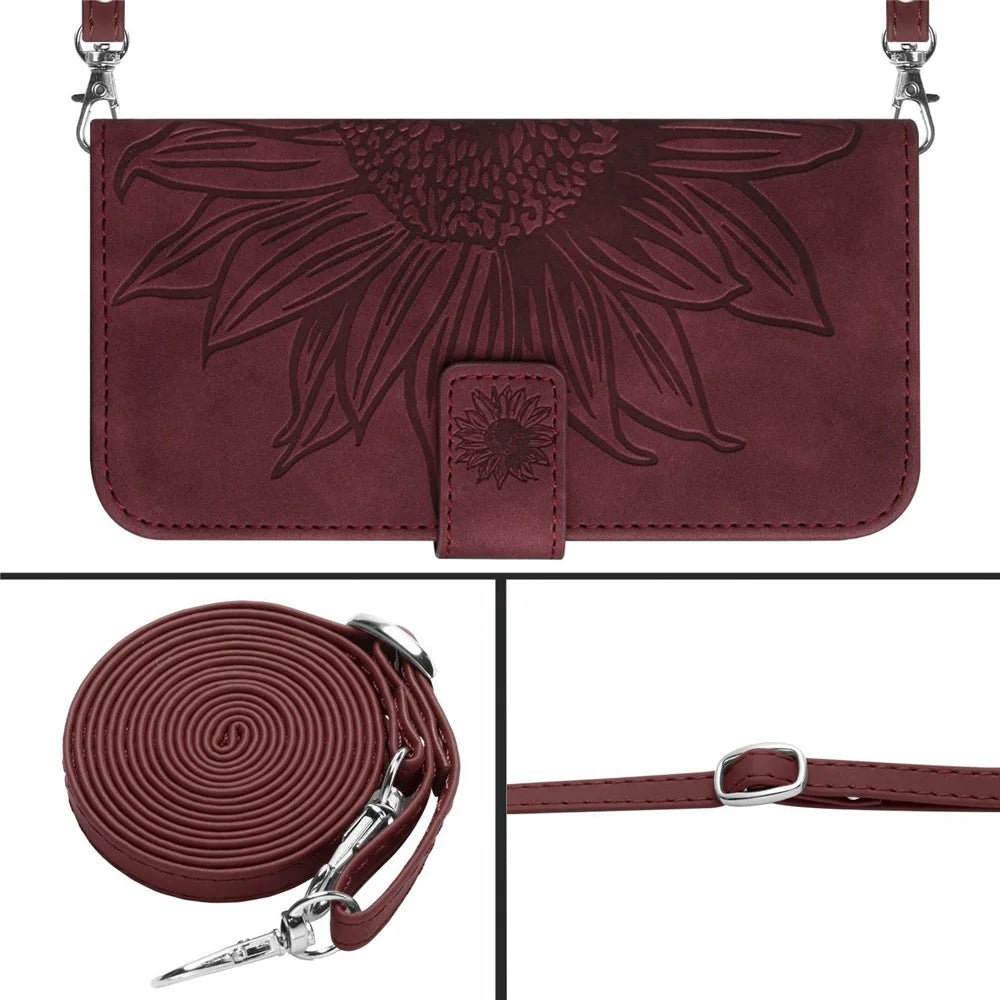 For iPhone 13 Pro Max 6.7 inch HT04 PU Leather Wallet Case Skin-touch Imprinted Sunflower Folio Flip Stand Phone Cover with Shoulder Strap - Wine Red - 4