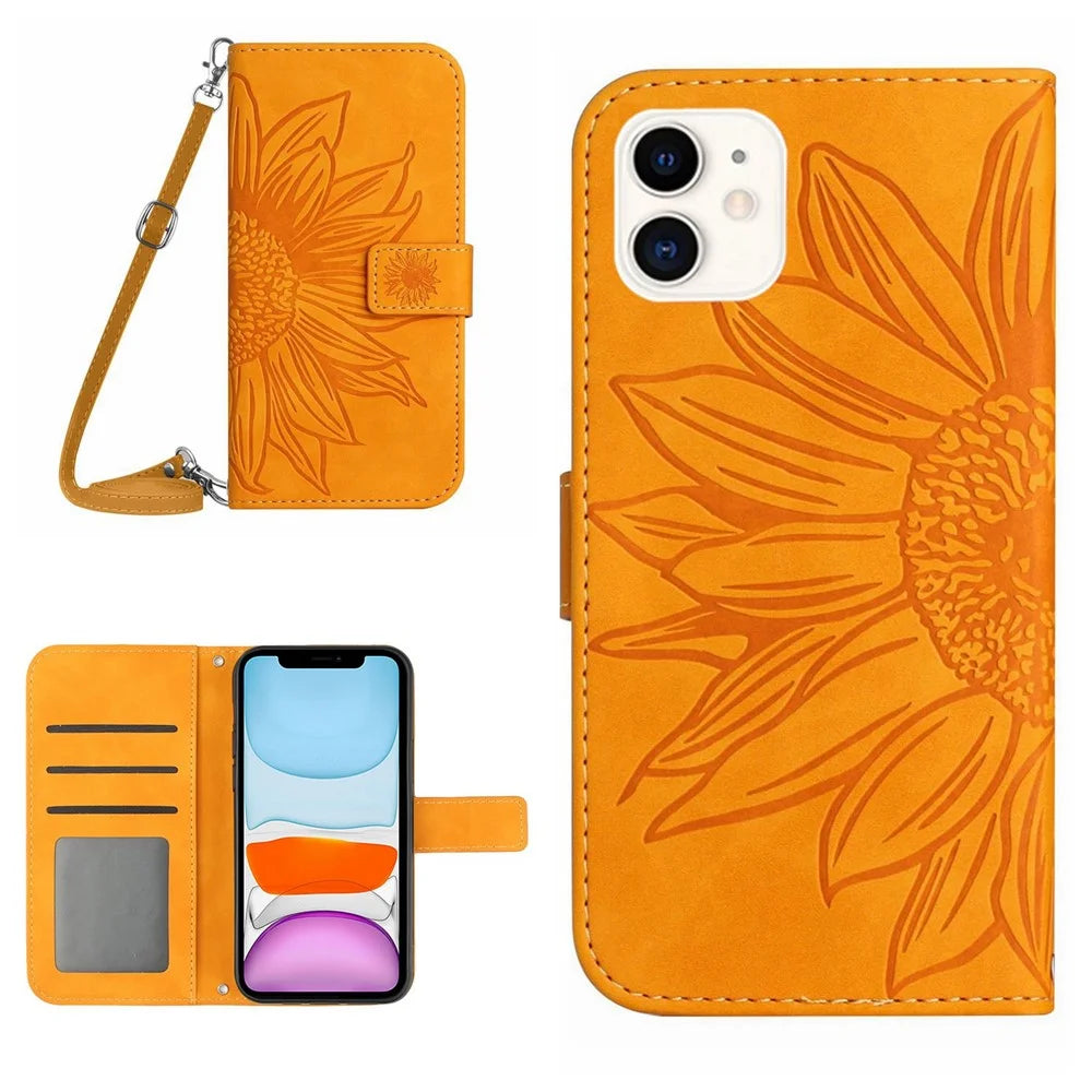 For iPhone 11 6.1 inch HT04 PU Leather Imprinted Sunflower Drop-proof Phone Case Skin-touch Wallet Stand Protector with Shoulder Strap - Yellow - 1