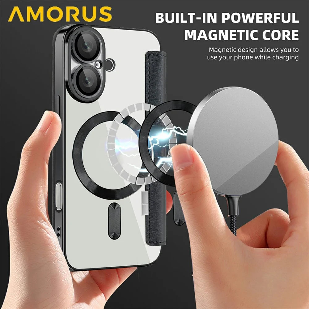 AMORUS For iPhone 16 Case Compatible with MagSafe RFID Blocking Card Holder Leather Phone Cover - Black - 4