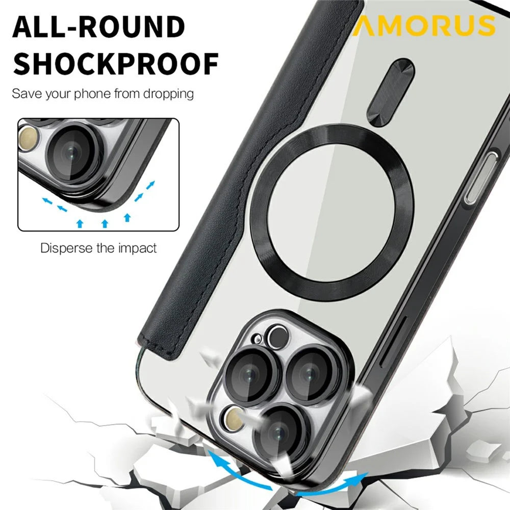 AMORUS For iPhone 16 Pro Case Compatible with MagSafe RFID Blocking Card Holder Leather Phone Cover - Black - 7