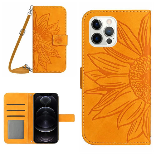 For iPhone 12 / 12 Pro 6.1 inch HT04 Imprinted Sunflower Phone Wallet Stand Case Skin-touch PU Leather Folio Flip Cover with Shoulder Strap - Yellow - 1