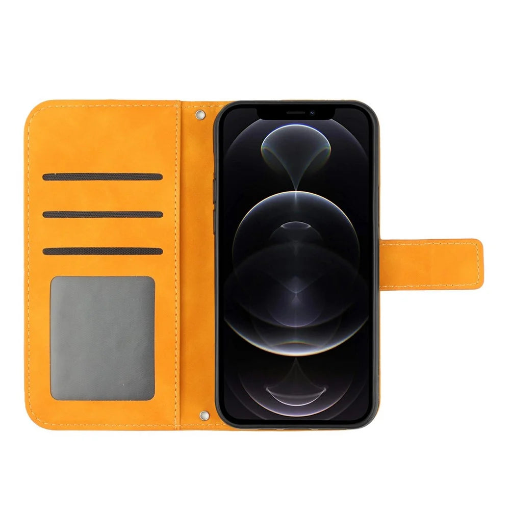 For iPhone 12 / 12 Pro 6.1 inch HT04 Imprinted Sunflower Phone Wallet Stand Case Skin-touch PU Leather Folio Flip Cover with Shoulder Strap - Yellow - 2