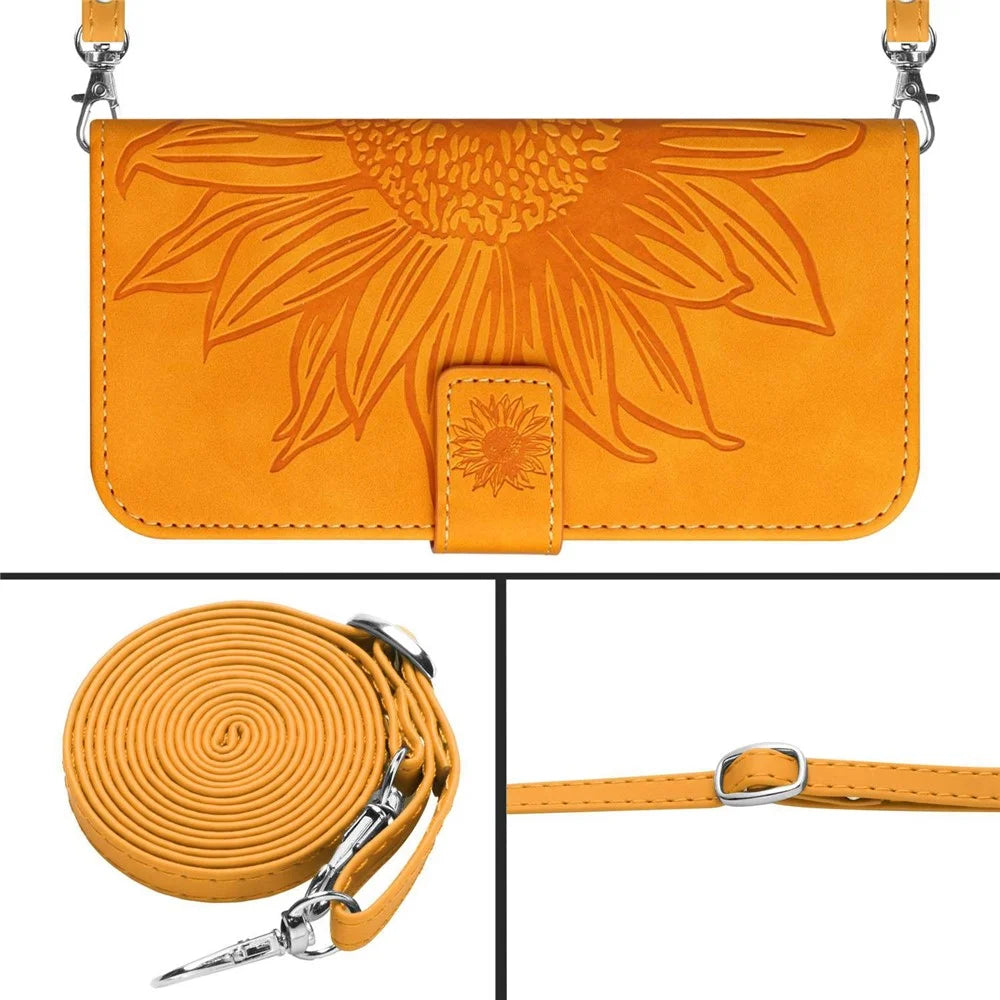 For iPhone 12 / 12 Pro 6.1 inch HT04 Imprinted Sunflower Phone Wallet Stand Case Skin-touch PU Leather Folio Flip Cover with Shoulder Strap - Yellow - 4
