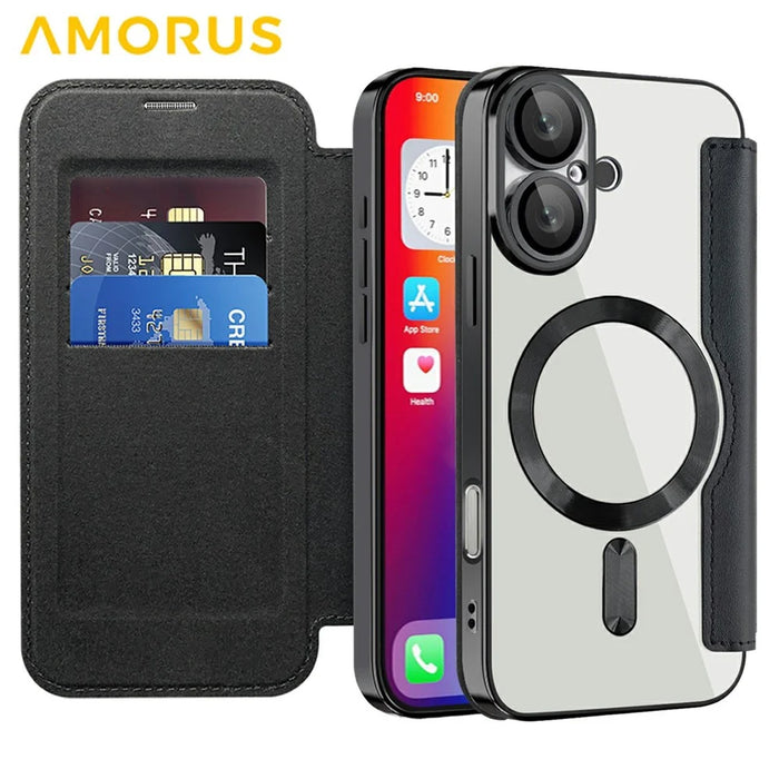 AMORUS For iPhone 16 Plus Case Compatible with MagSafe RFID Blocking Card Holder Leather Phone Cover - Black - 2