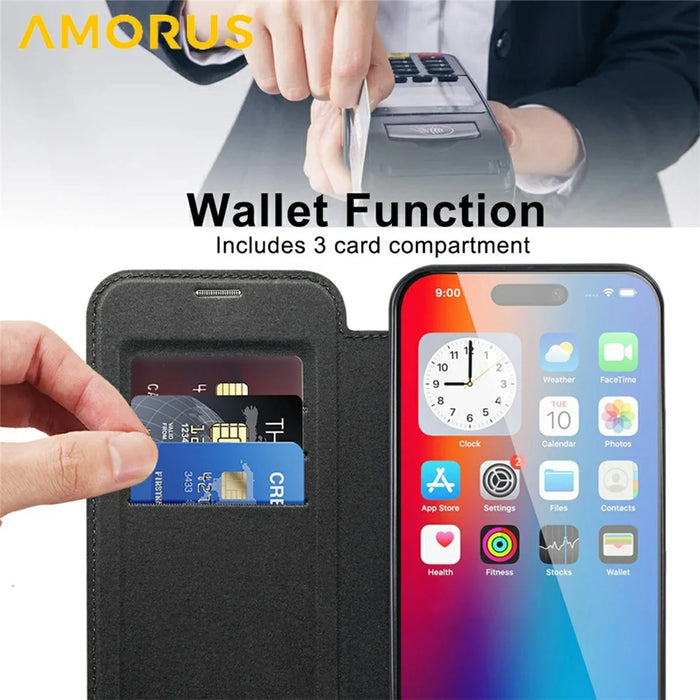 AMORUS For iPhone 16 Plus Case Compatible with MagSafe RFID Blocking Card Holder Leather Phone Cover - Black - 3