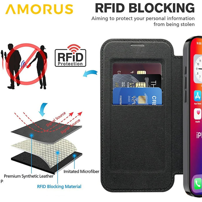 AMORUS For iPhone 16 Plus Case Compatible with MagSafe RFID Blocking Card Holder Leather Phone Cover - Black - 5
