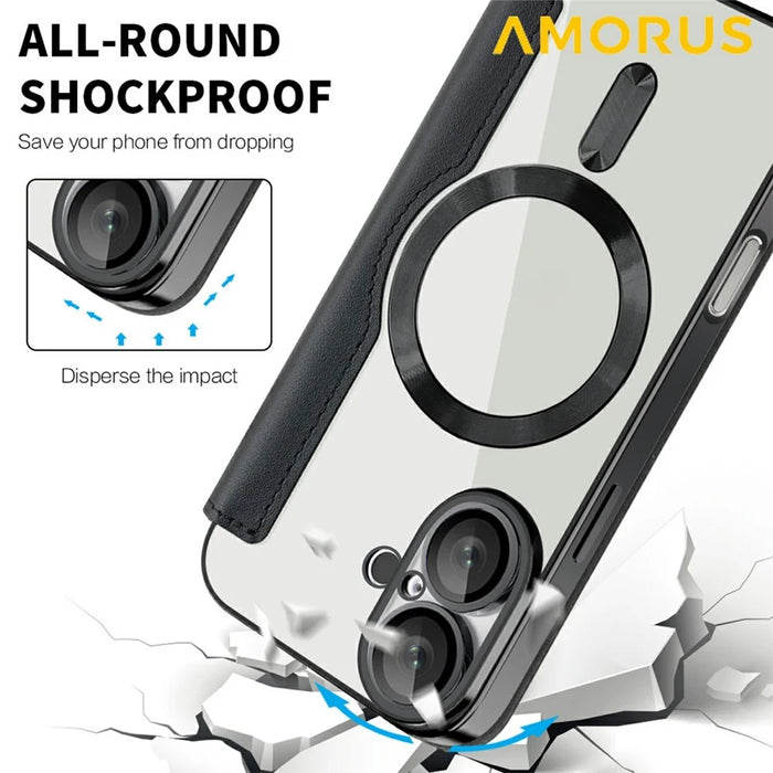 AMORUS For iPhone 16 Plus Case Compatible with MagSafe RFID Blocking Card Holder Leather Phone Cover - Black - 6