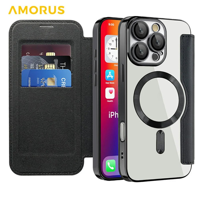 AMORUS For iPhone 16 Pro Max Case Compatible with MagSafe RFID Blocking Card Holder Leather Phone Cover - Black - 2