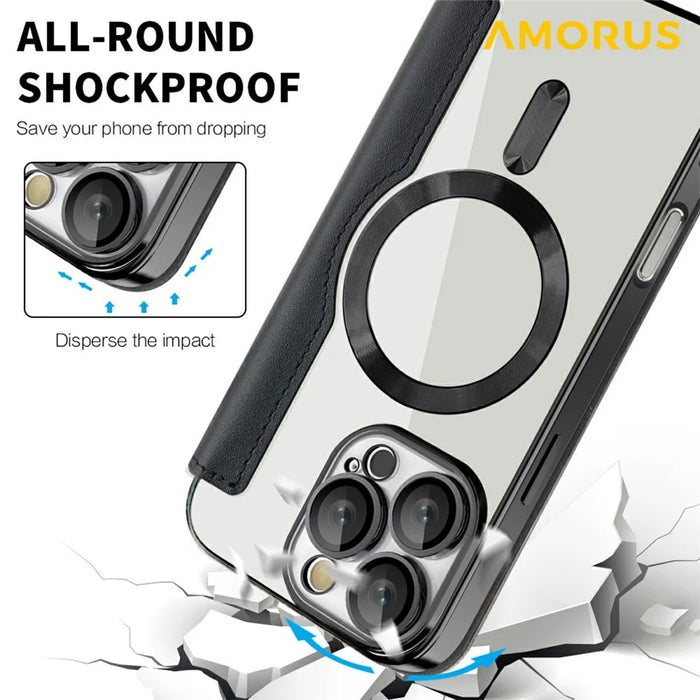 AMORUS For iPhone 16 Pro Max Case Compatible with MagSafe RFID Blocking Card Holder Leather Phone Cover - Black - 7