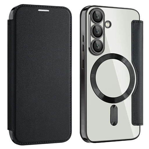AMORUS For Samsung Galaxy S25 Magnetic Case RFID Blocking Card Holder Leather Phone Cover - Black - 1