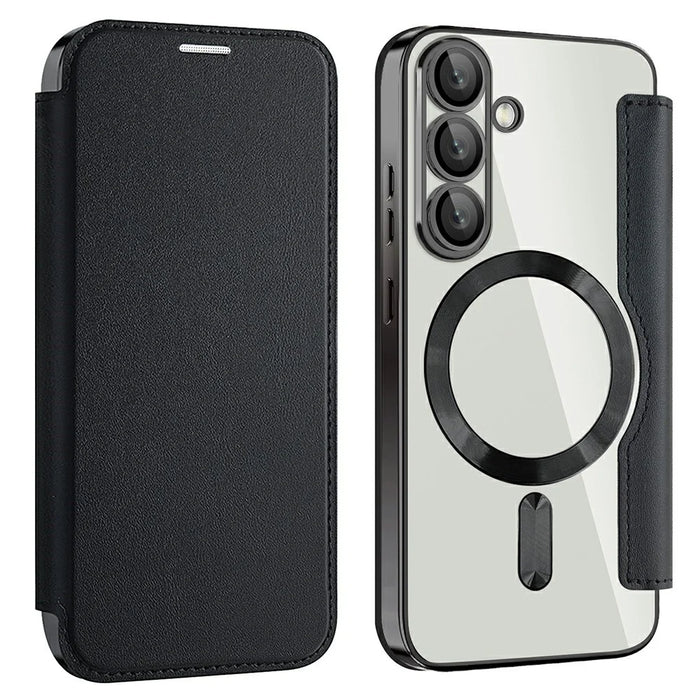 AMORUS For Samsung Galaxy S25 Magnetic Case RFID Blocking Card Holder Leather Phone Cover - Black - 1