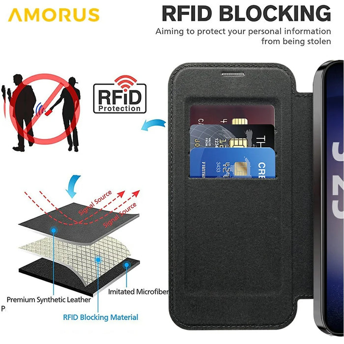 AMORUS For Samsung Galaxy S25 Magnetic Case RFID Blocking Card Holder Leather Phone Cover - Black - 3