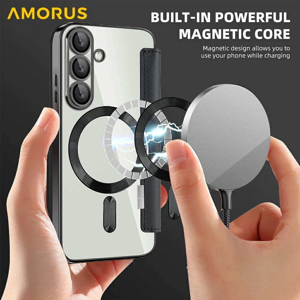 AMORUS For Samsung Galaxy S25 Magnetic Case RFID Blocking Card Holder Leather Phone Cover - Black - 4