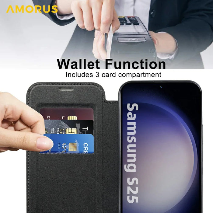 AMORUS For Samsung Galaxy S25 Magnetic Case RFID Blocking Card Holder Leather Phone Cover - Black - 6