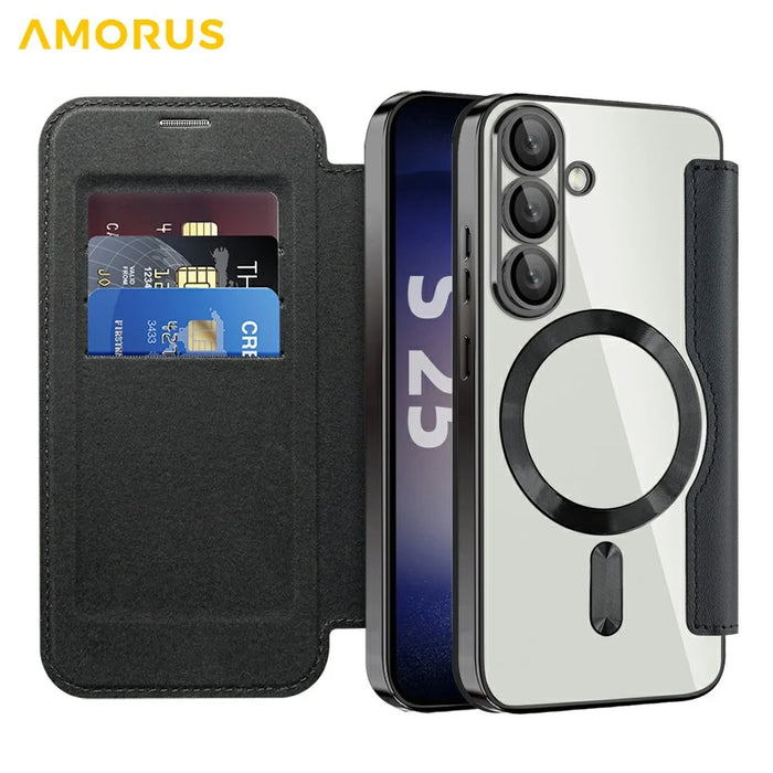 AMORUS For Samsung Galaxy S25+ Magnetic Case RFID Blocking Card Holder Leather Phone Cover - Black - 2